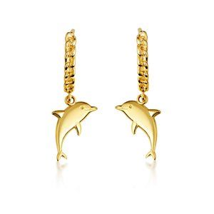 10K Yellow Gold Marine Dolphin Cuban Link Huggies Earrings